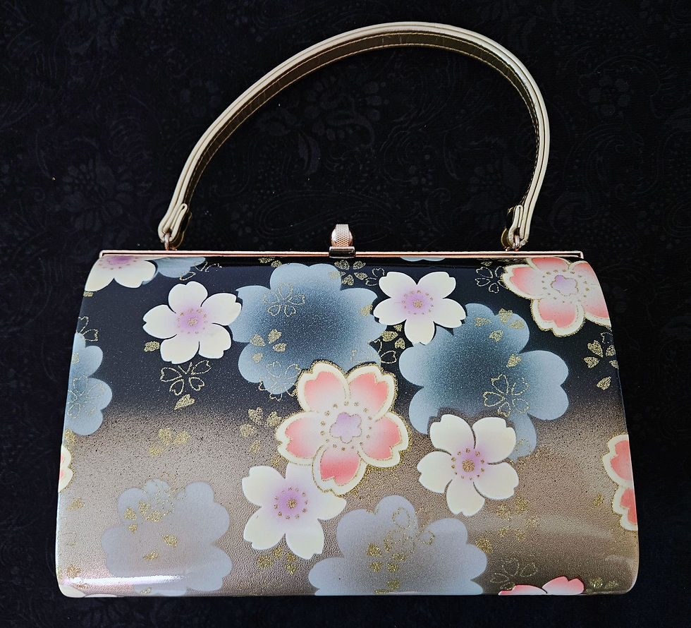 Thumbnail: Japanese Vinyl Fabric Floral Handbag H2340 - Black with Cherry Blossoms Dressy B