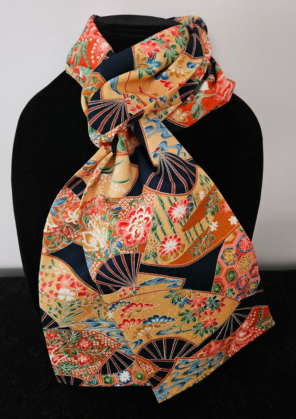 Thumbnail: Japanese Kimono Scarf S4705 - Dark Navy Blue Silk with Decorated Fans