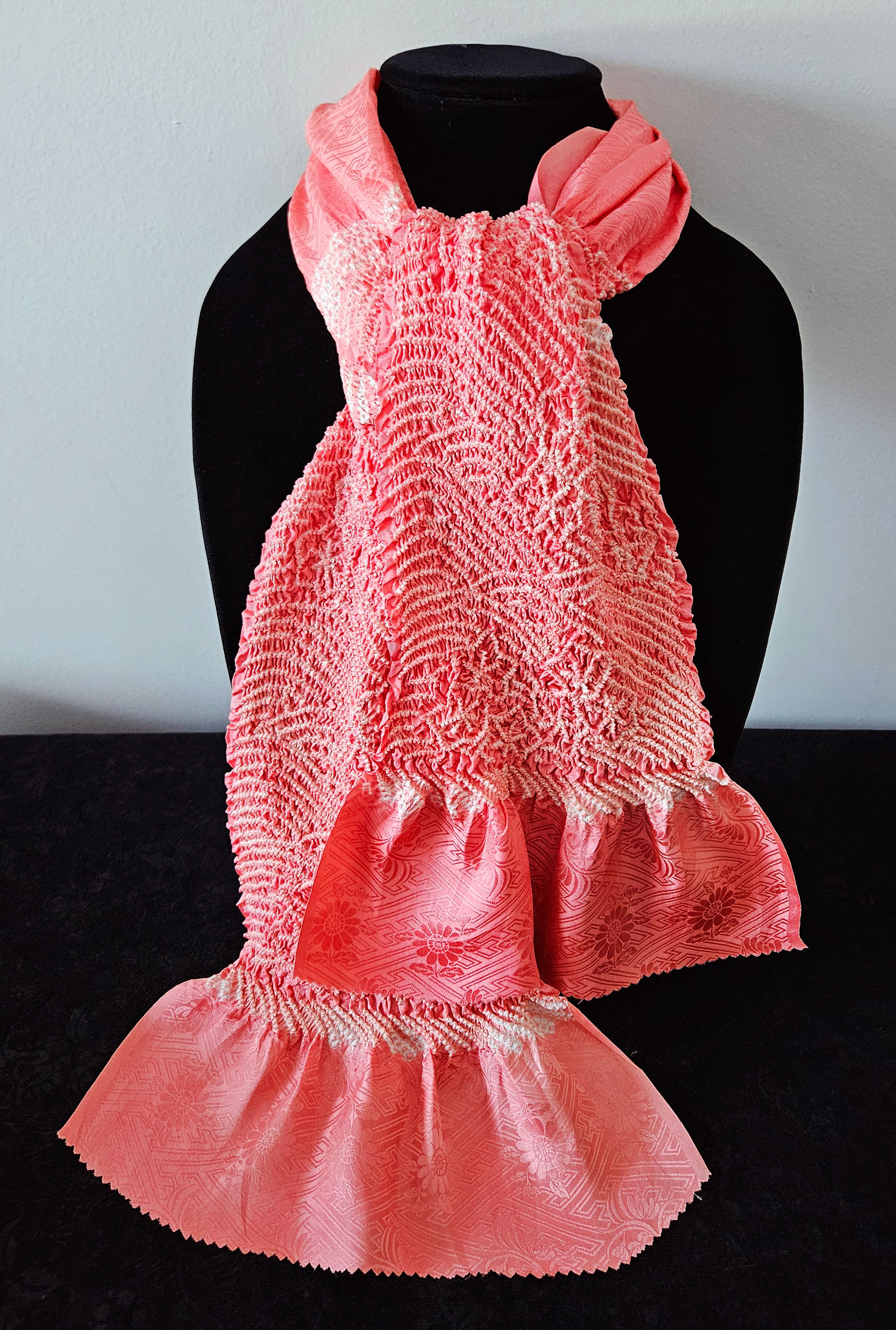 Vintage Coral Silk Shibori Scarf: Japanese Kimono Obiage H1909