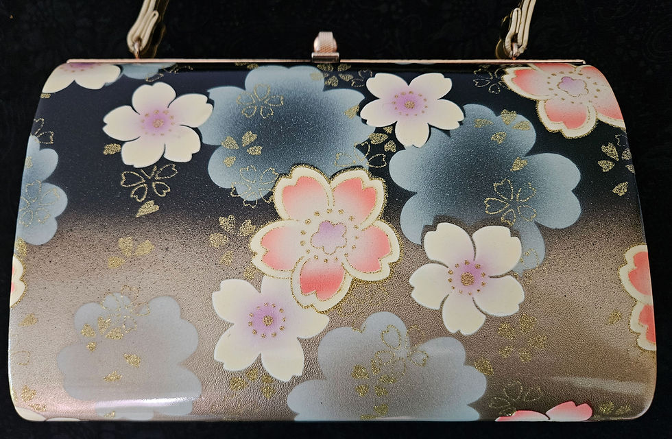 Thumbnail: Japanese Vinyl Fabric Floral Handbag H2340 - Black with Cherry Blossoms Dressy B
