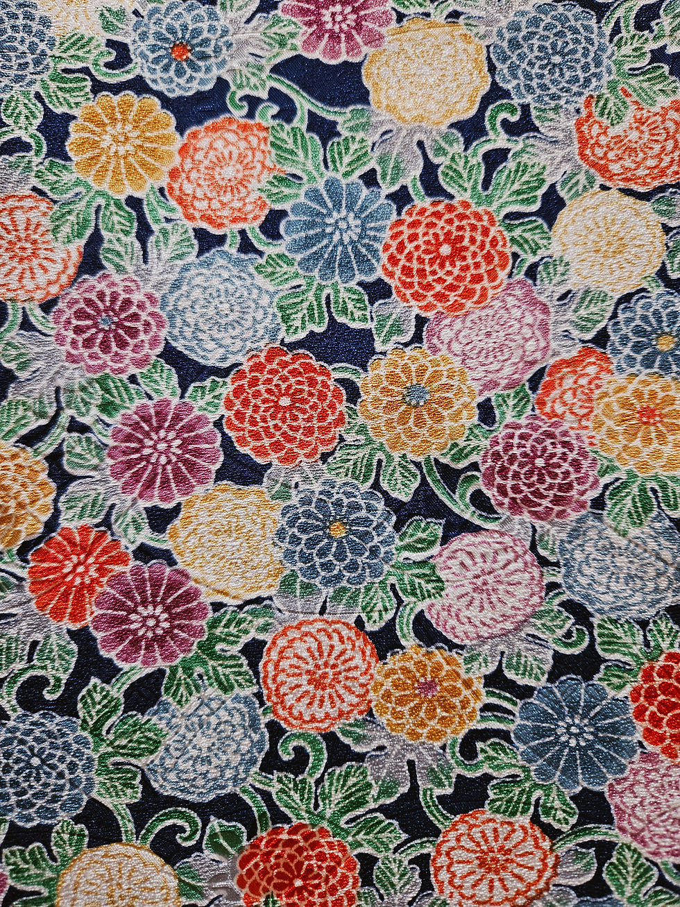 Thumbnail: Japanese Kimono Scarf S5524 - Bright Navy Blue Chrysanthemum Flowers Poly