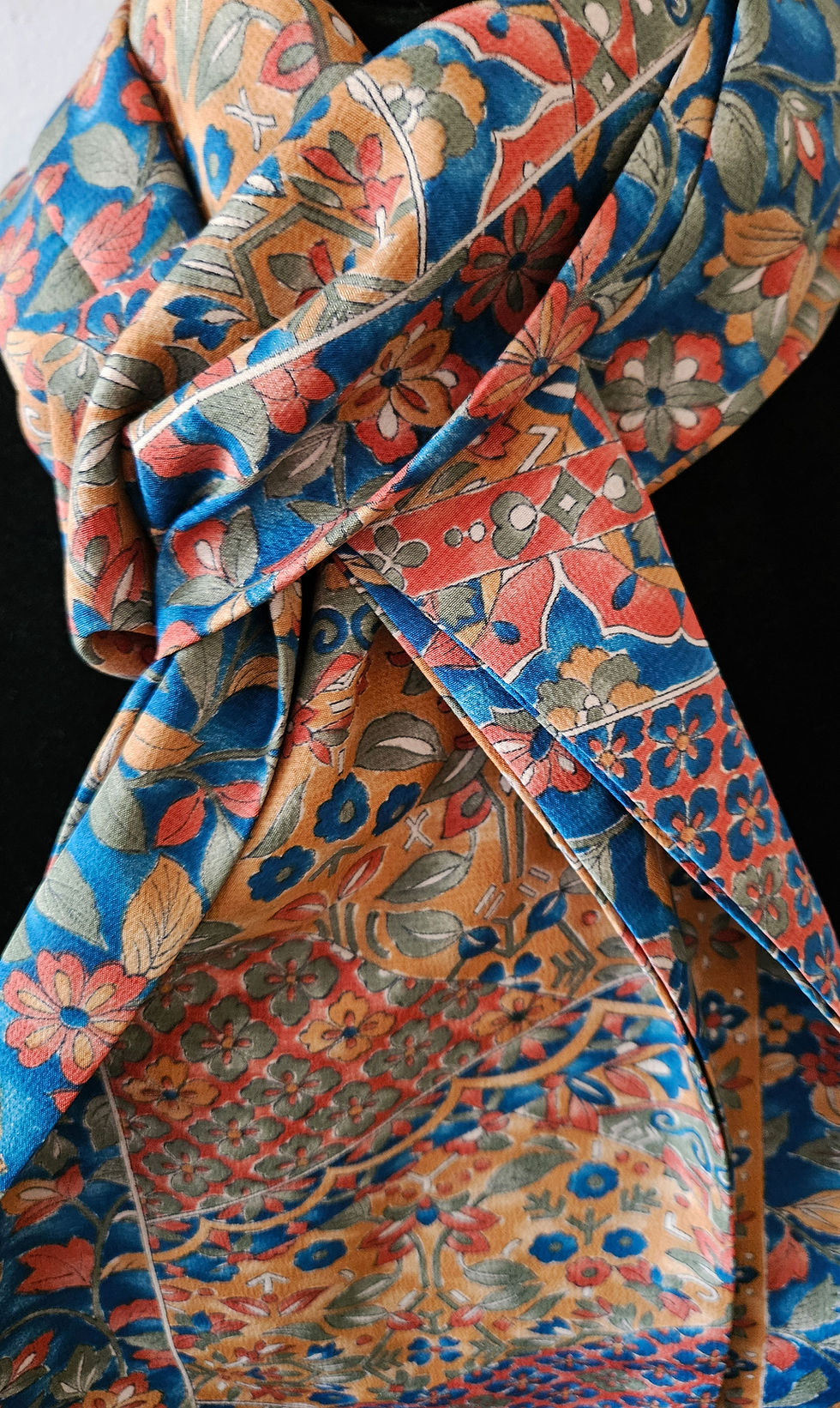 Thumbnail: Japanese Kimono Scarf S5632 - Peacock Blue and Gold Floral Poly