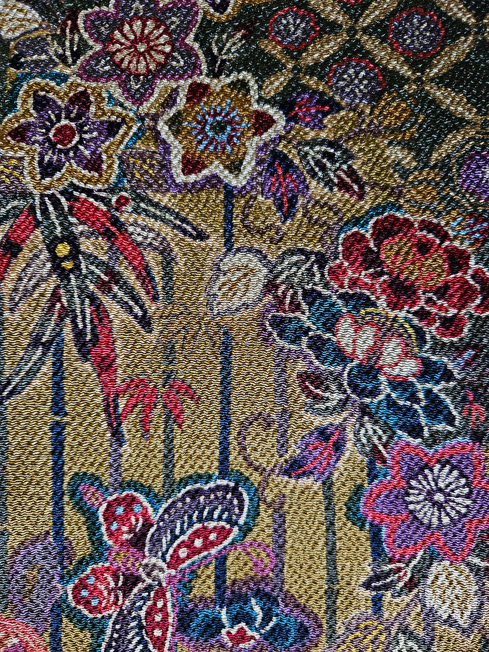 Thumbnail: Japanese Kimono Scarf S6110 - Chirimen Silk with Mustard and Pink Mosaic Pattern