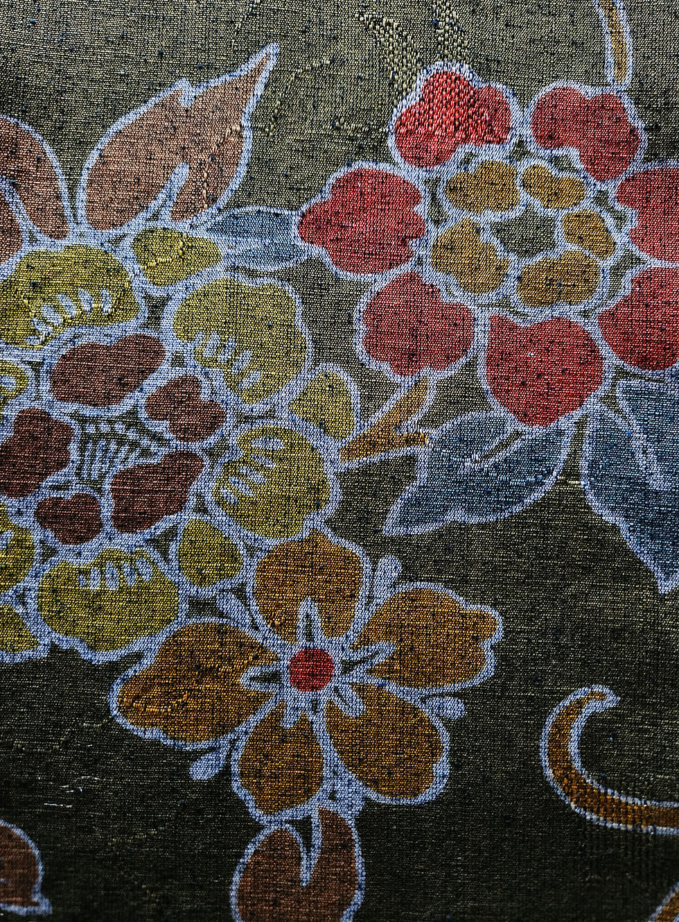 Thumbnail: Japanese Kimono Scarf S5279 - Green Tea Folk Floral Wool/Cotton Blend