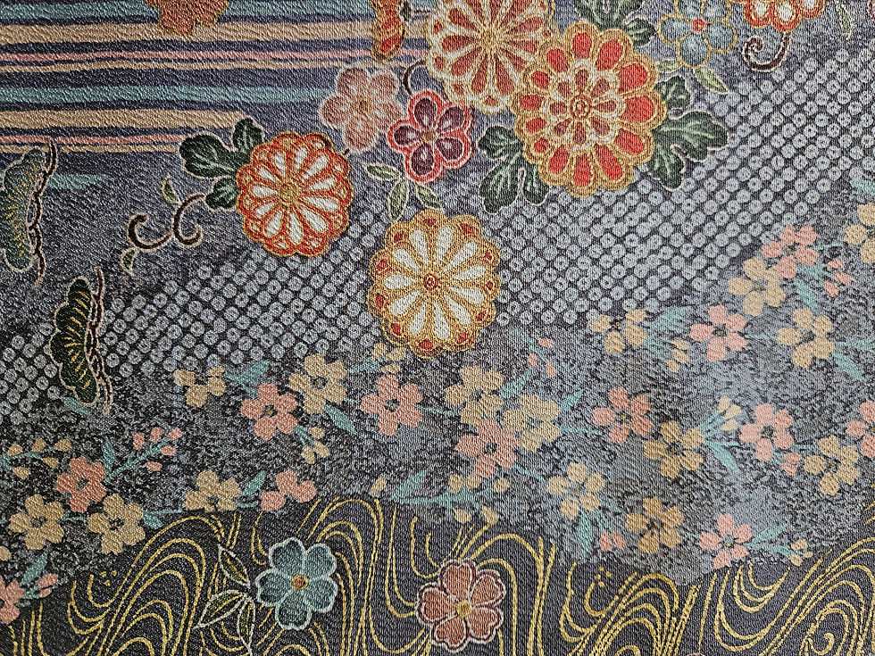 Thumbnail: Japanese Kimono Scarf S5928 - Steel Blue & Apricot Patchwork Look Silk