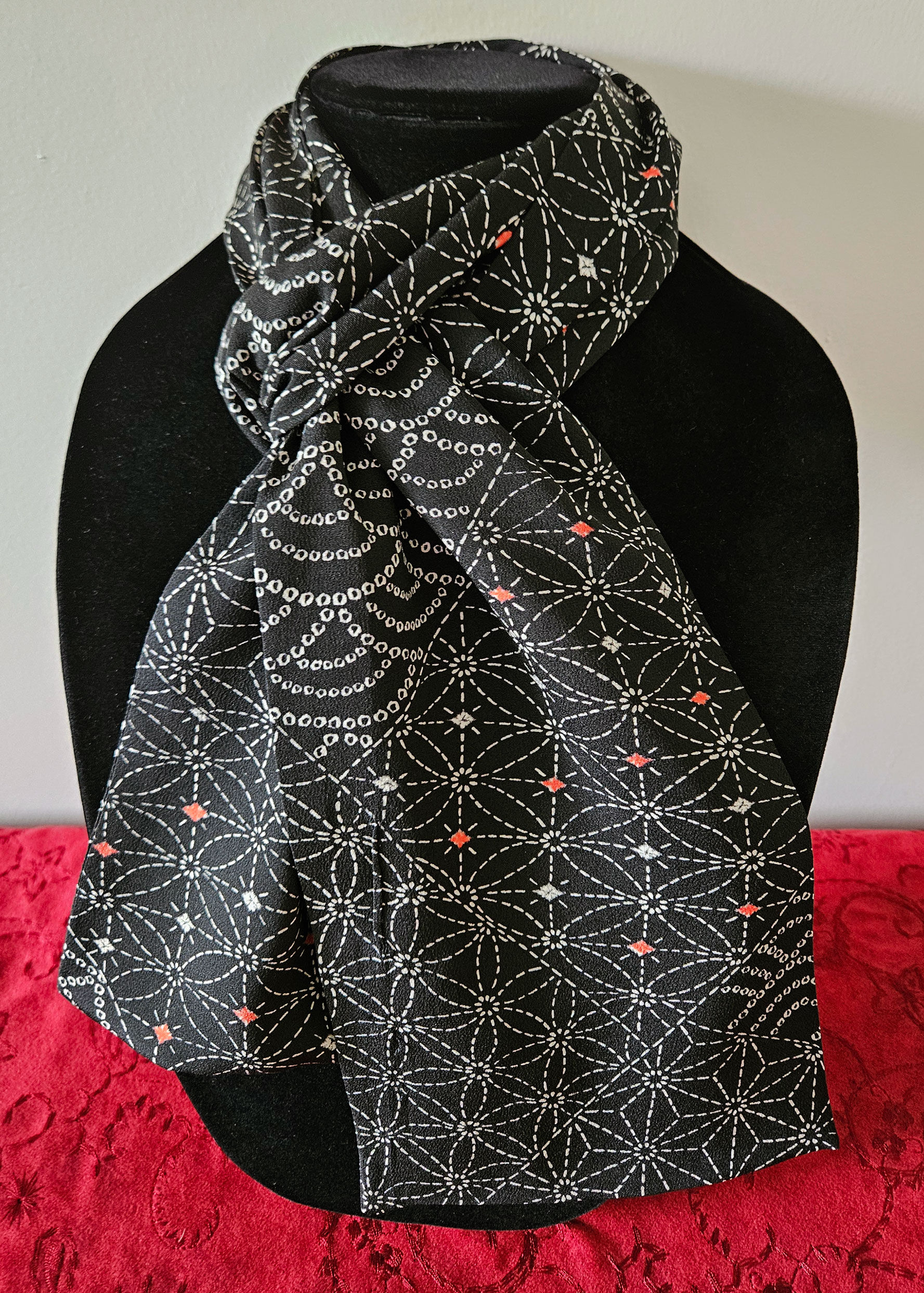 Japanese Kimono Scarf S5853 - Super Soft Black Faux Sashiko Mixed Patterned Silk