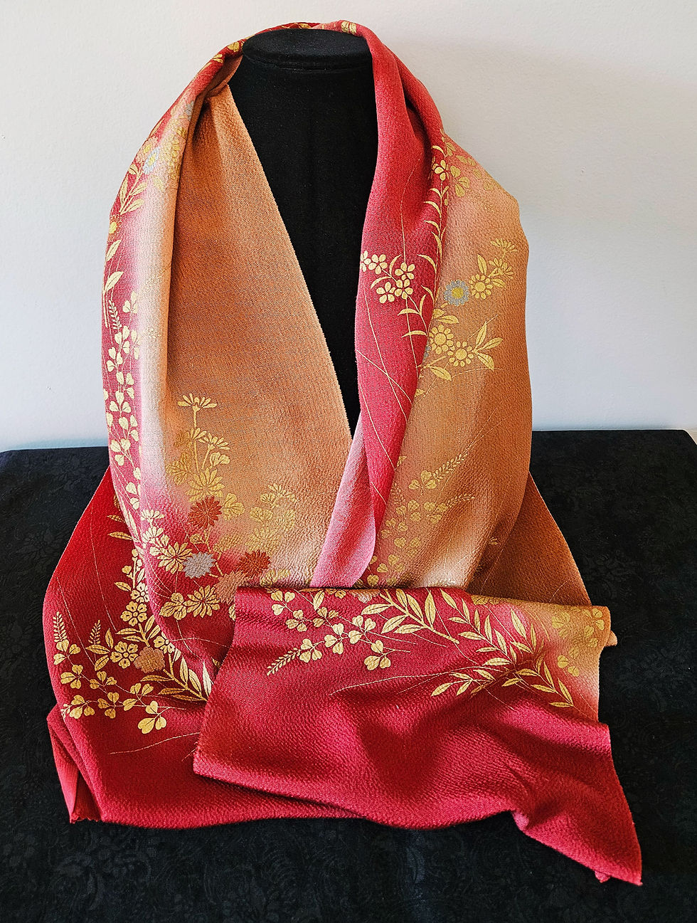 Thumbnail: Vintage Hand Dyed Silk Scarf: Japanese Kimono Obiage Shibori Dyed Burnt Sienna &
