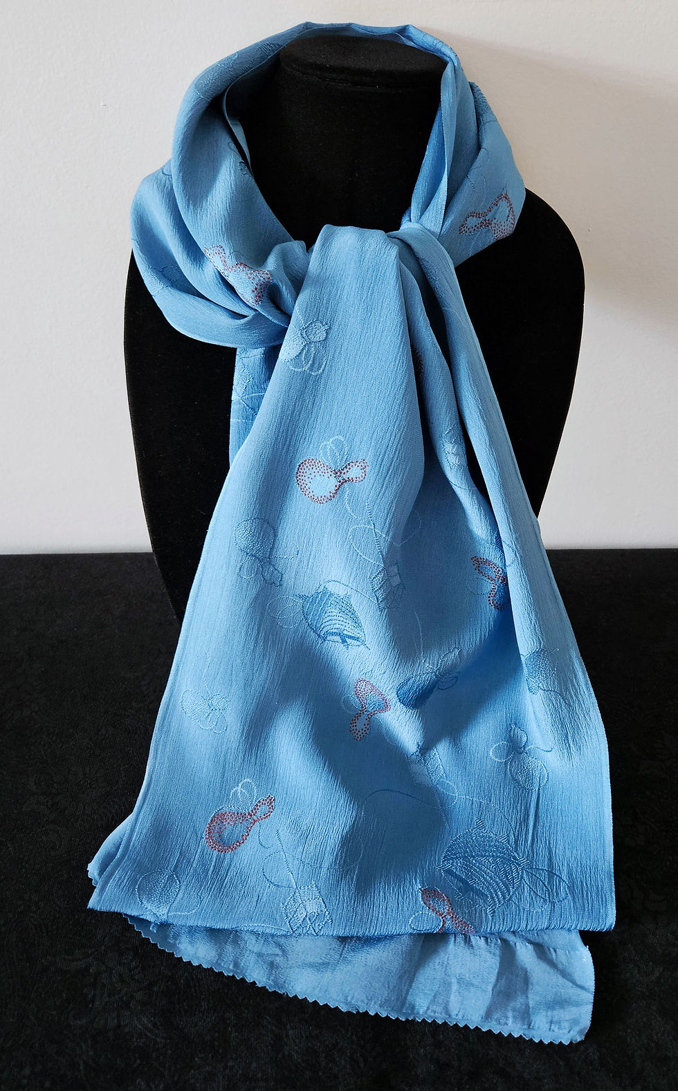 Thumbnail: Vintage Slate Blue Spool & Gourd Patterned Silk Scarf: Japanese Kimono Obiage H2