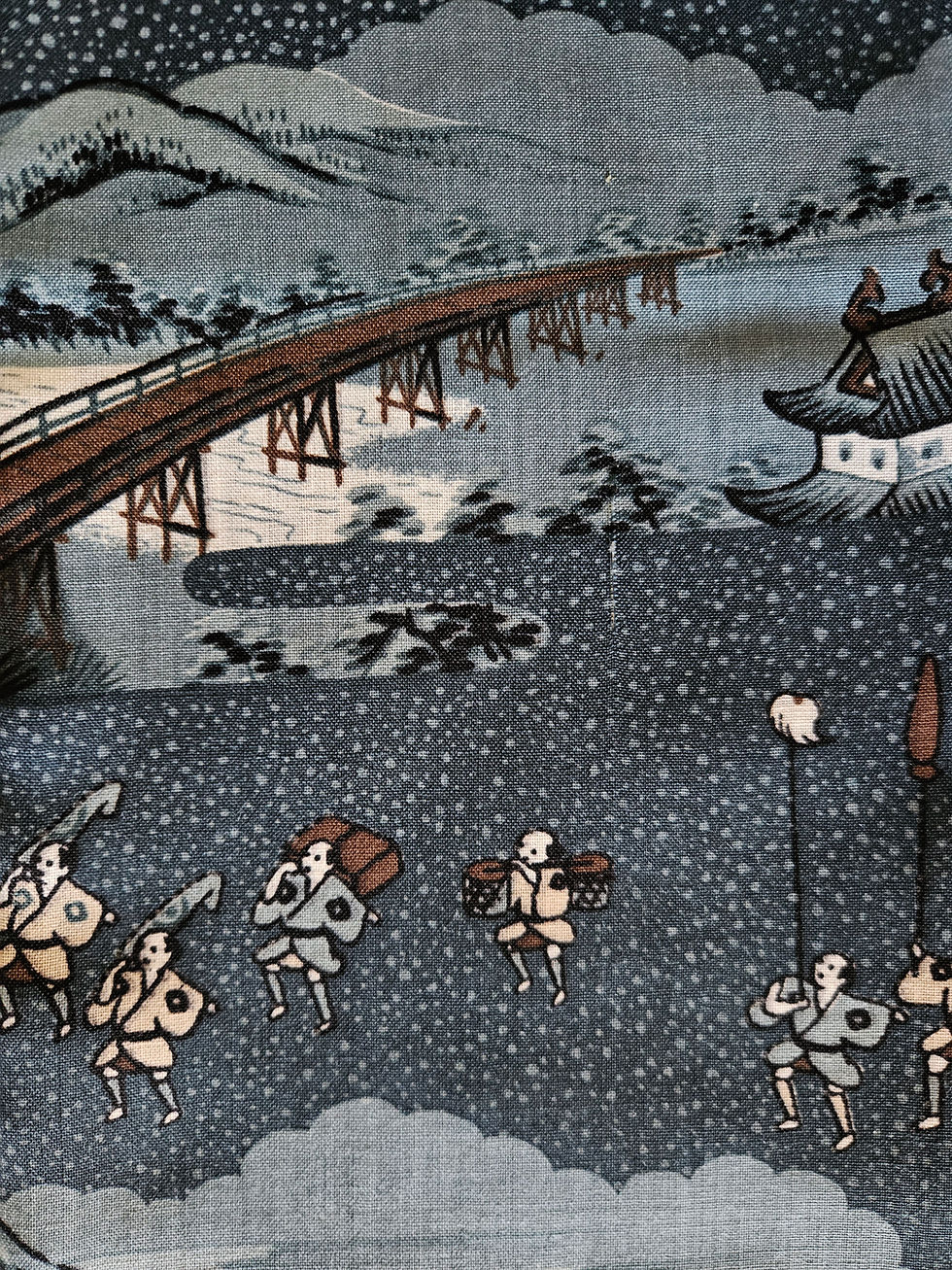 Thumbnail: Japanese Kimono Scarf S4449 - Olde Japan Village Figures Patterned Wool