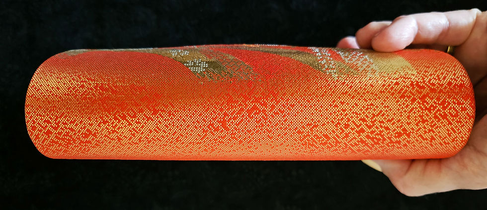 Thumbnail: Vintage Japanese Gold and Orange Silk Brocade Fabric Hand Bag Fan Pattern H1279