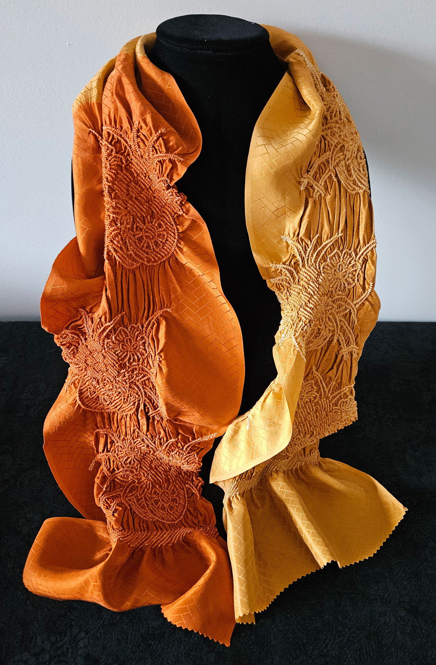 Vintage Gold Silk Shibori Scarf: Japanese Kimono Shibori Dyed Obiage H1791