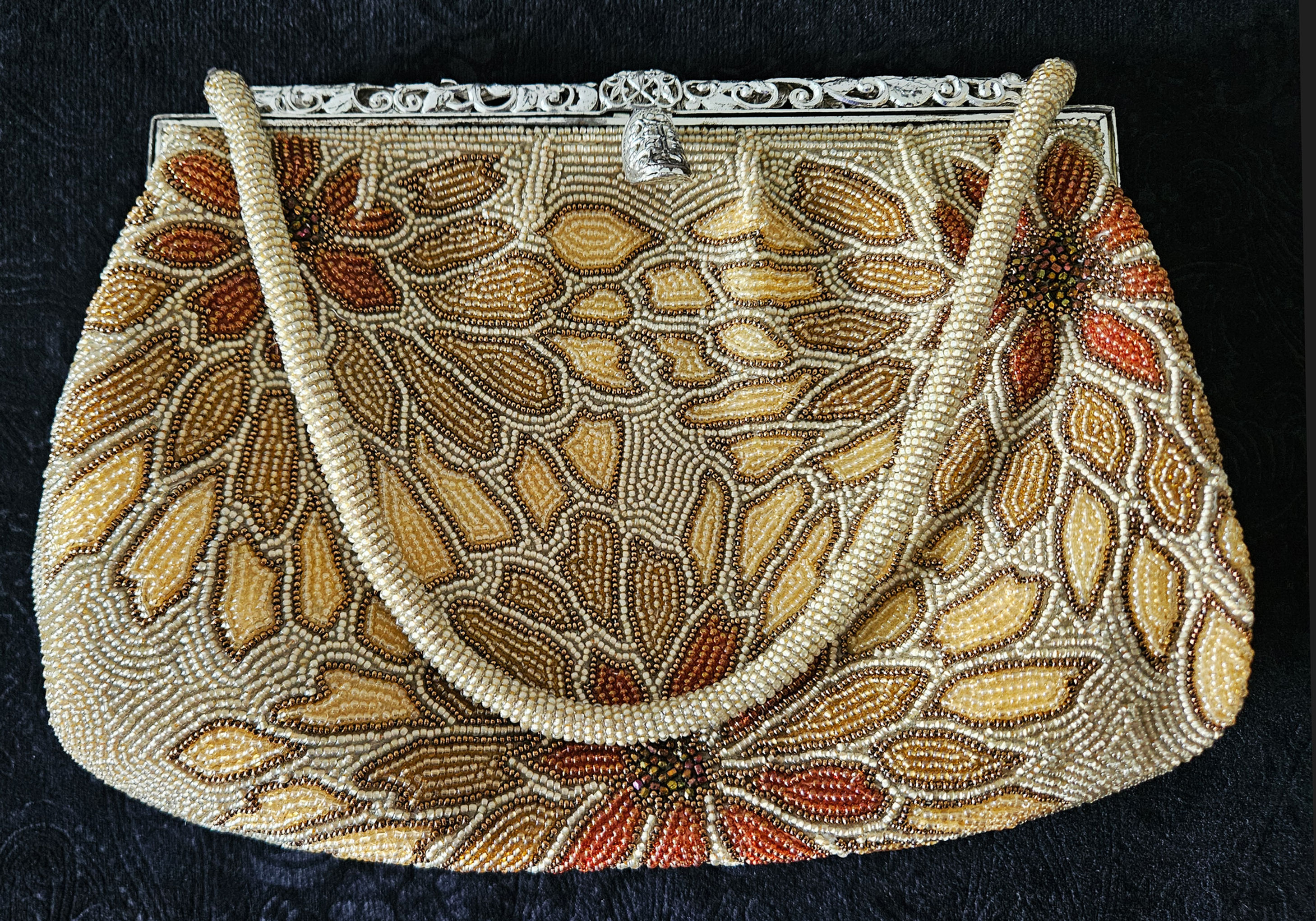 Japanese Beaded Gold Floral Handbag H2229 Evening Bag Vintage Top Handle