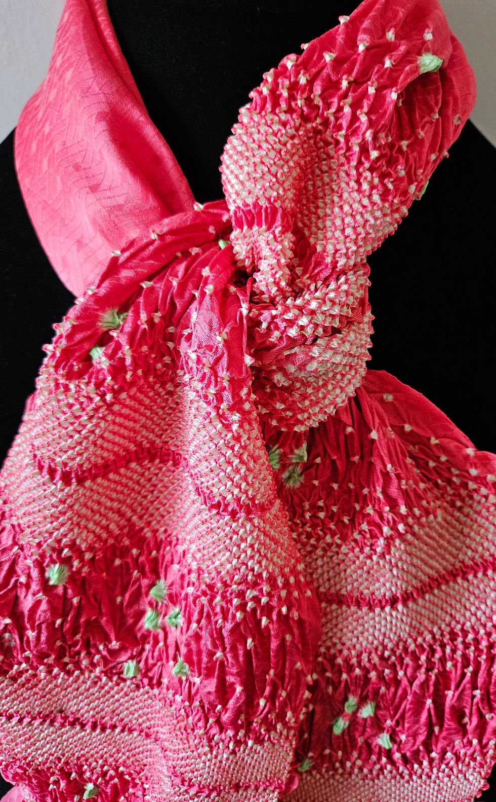 Thumbnail: Japanese Silk Kimono Scarf H1977 - Vintage Watermelon Pink Silk Shibori Dyed Obi