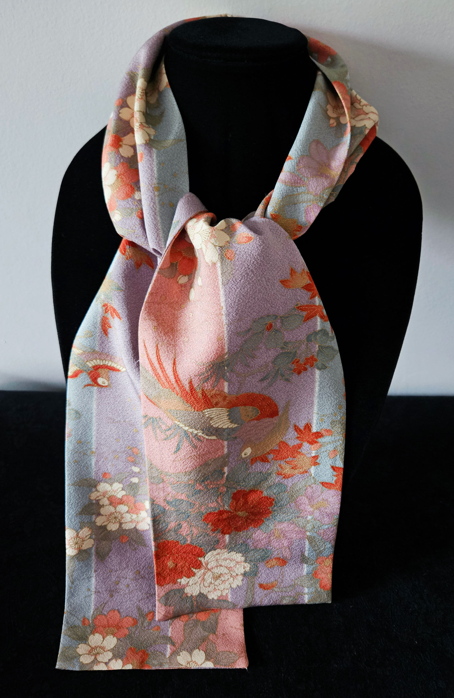 Japanese Kimono Silk Scarf S5832 - Skinny Dreamy Pastel Floral Silk Shorter Leng