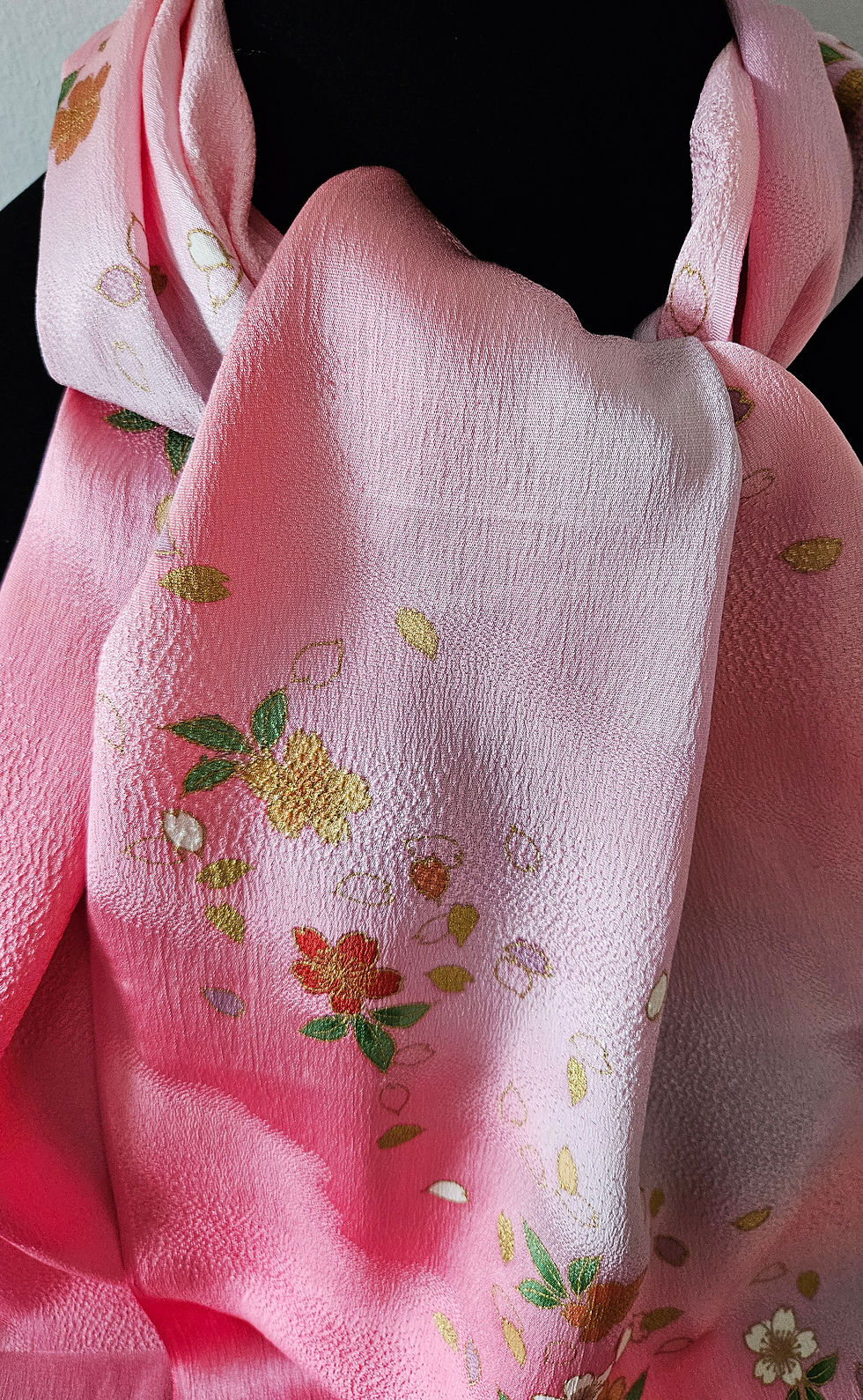 Thumbnail: Vintage Hand Dyed Pink Silk Scarf: Japanese Kimono Obiage with Tiny Floral H2288