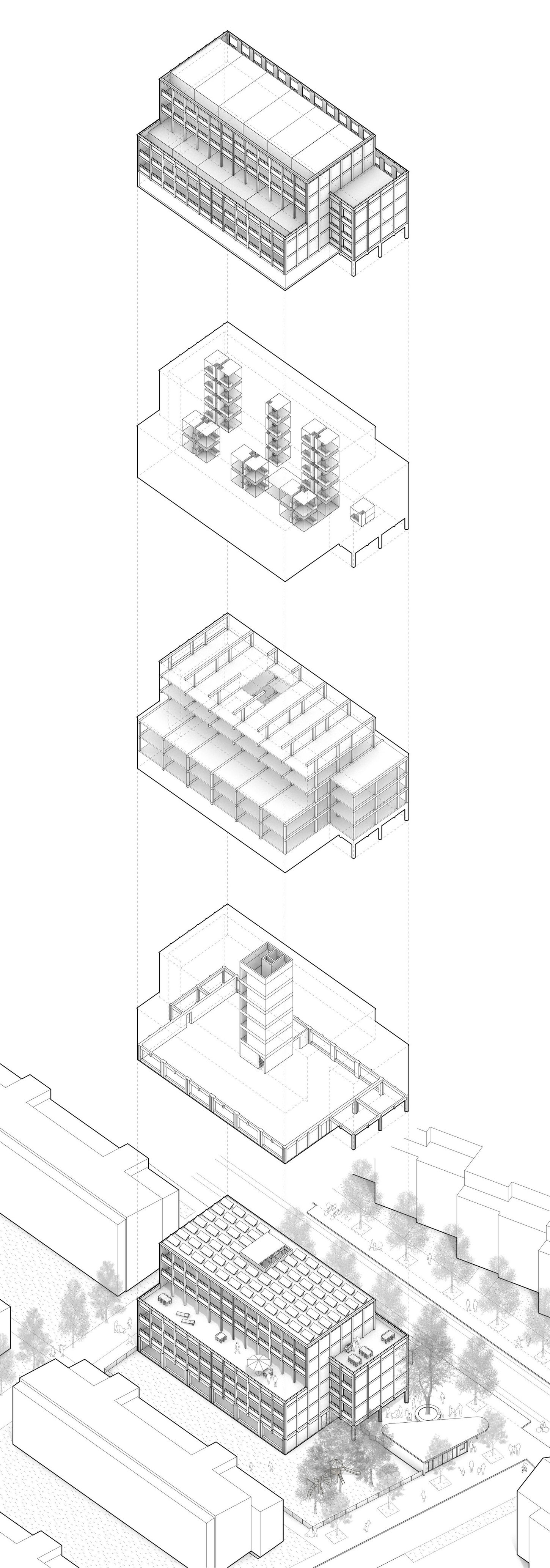 Axonometrische Explosionszeichnung der Tragstruktur, Nutzung und der Fassade.