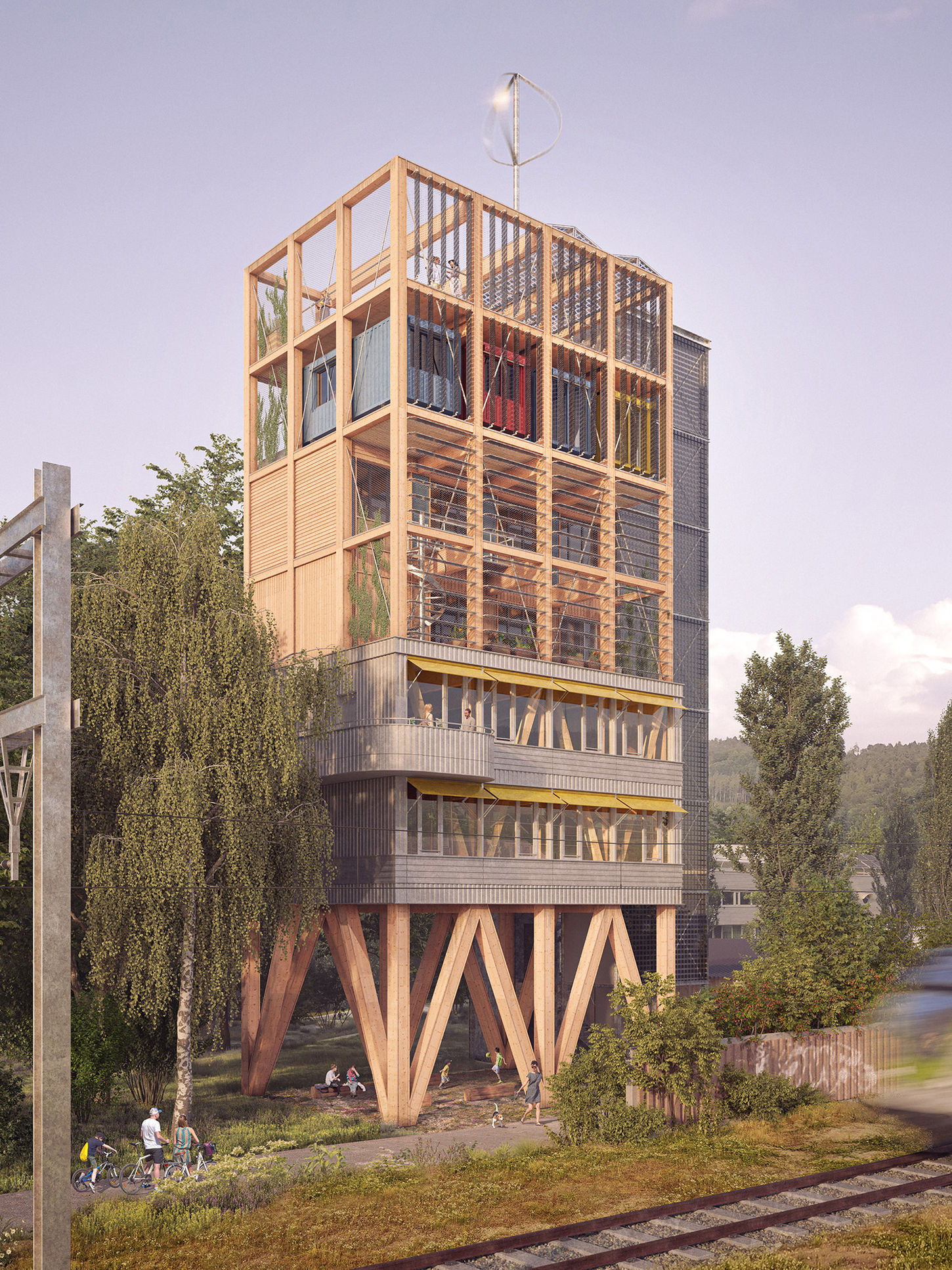 Aussenvisualisierung des Circular Towers mit Reuse-Bauteilen, Solar-Anlage und Windkraftwerk