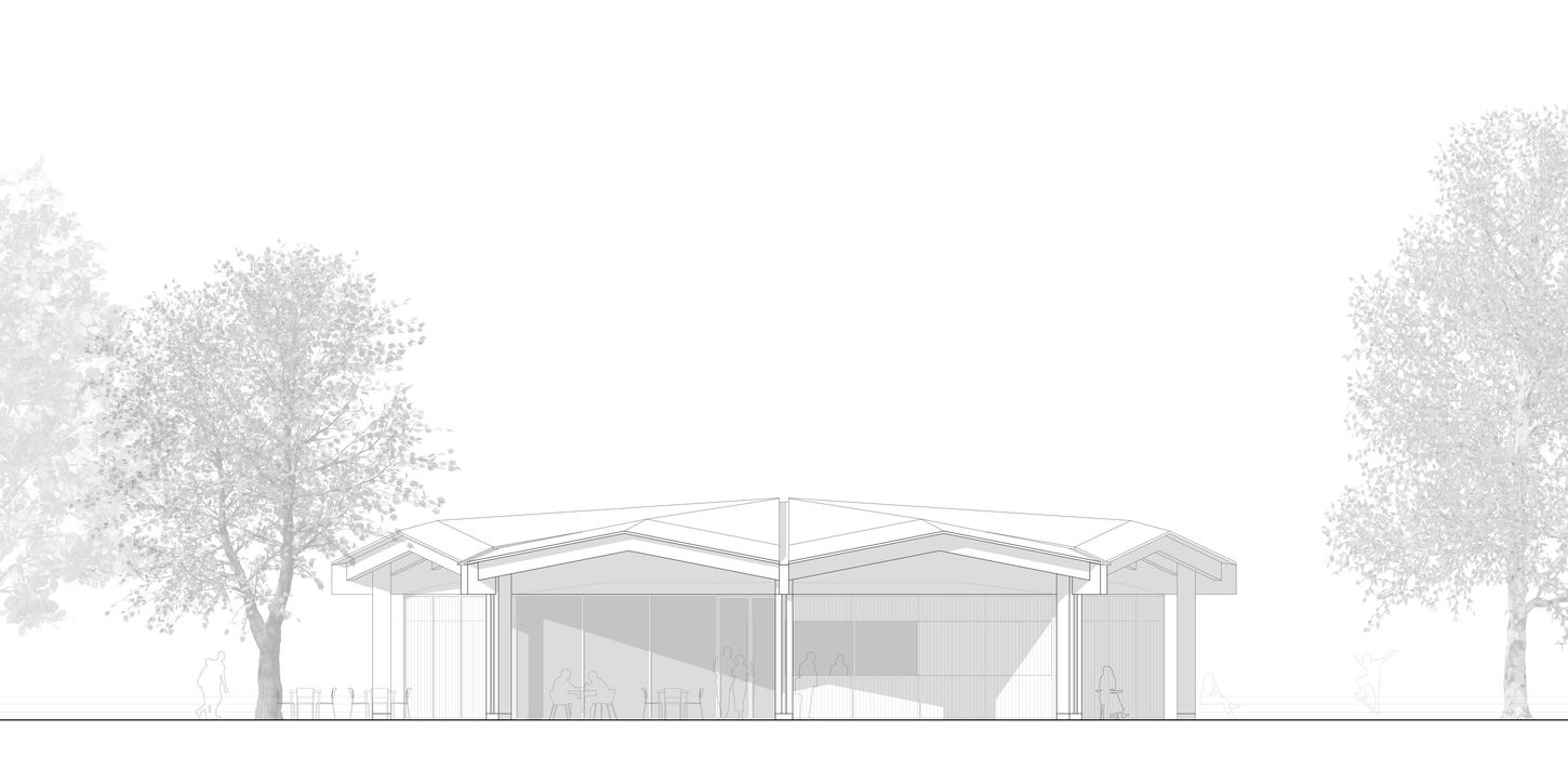 Ansicht des Pavillons mit der prägnanten Dachkonstruktion.