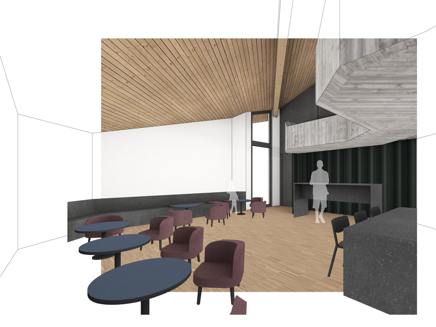 Innenvisualisierung mit überlagerter Skizze der Lounge.