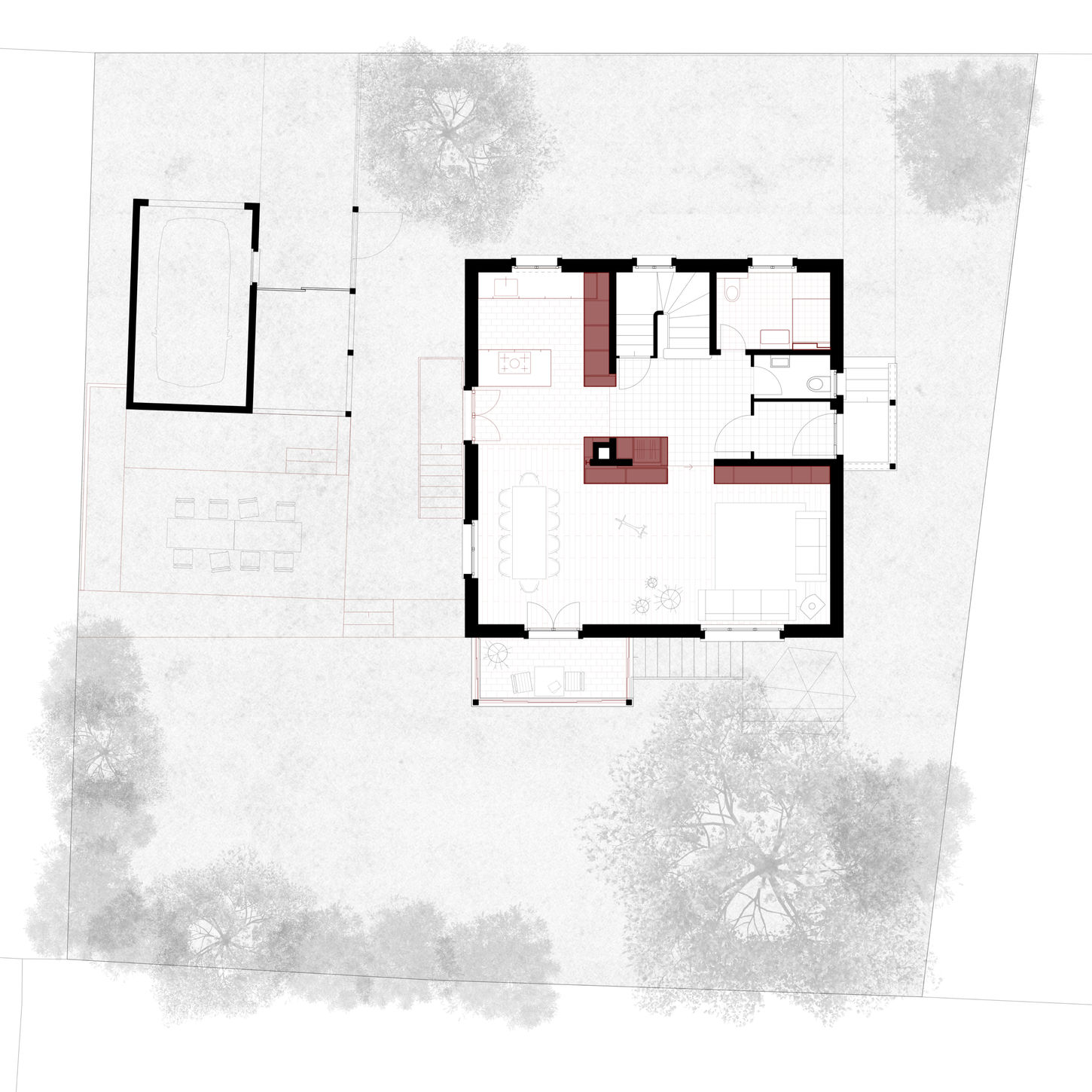 Grundriss Erdgeschoss mit eingebauten Elementen und neuer Raumeinteilung.