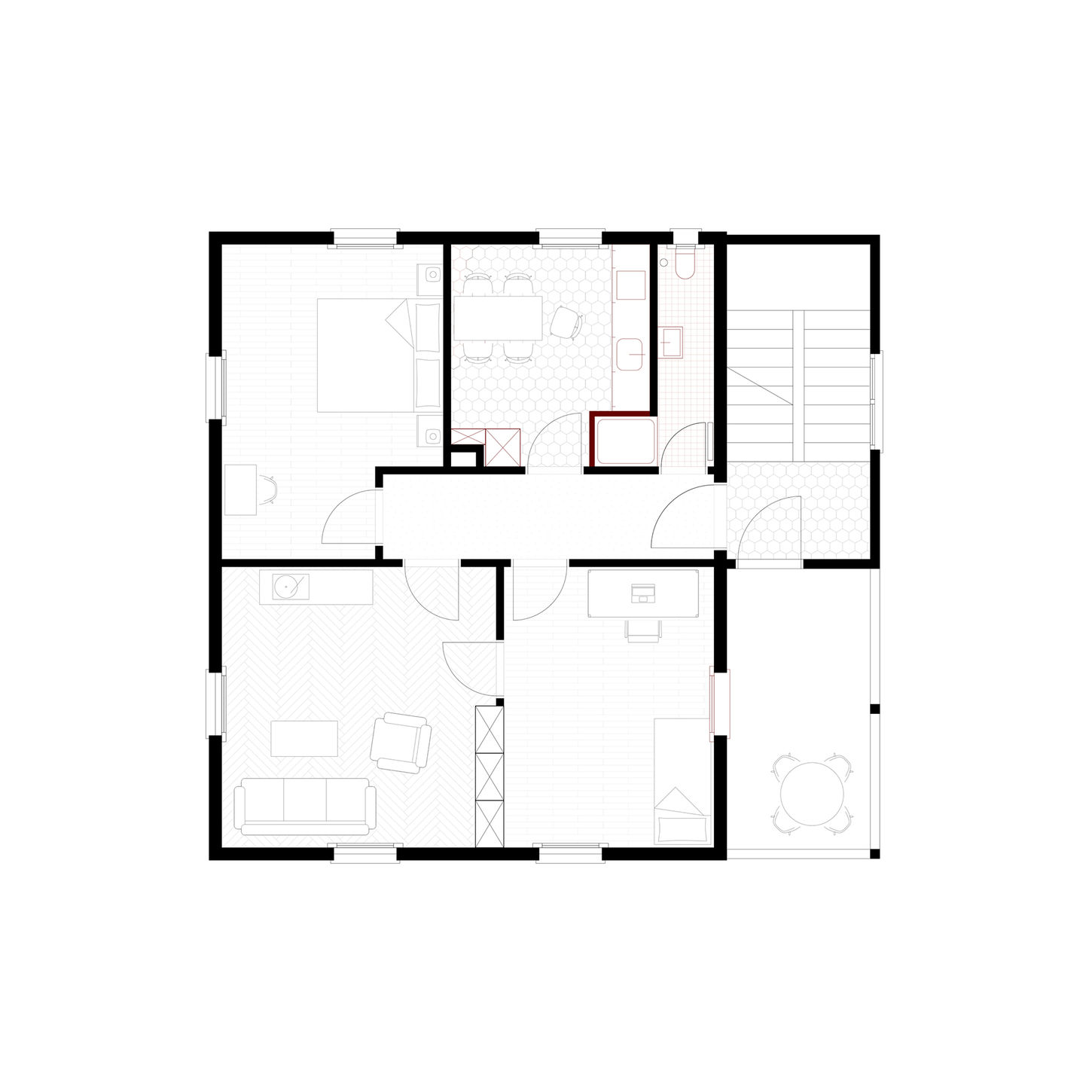 Grundriss einer Altbauwohnung mit Raumeinteilung.