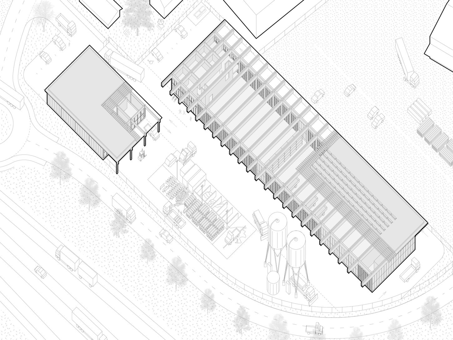 Detaillierte Axonometrische Darstellungen der Werkhofgebäude.
