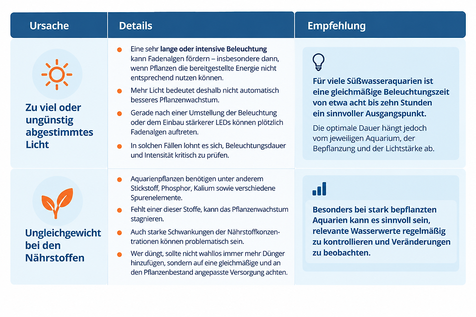 Tabelle Ursachen Fadenalgen im Süßwasseraquarium