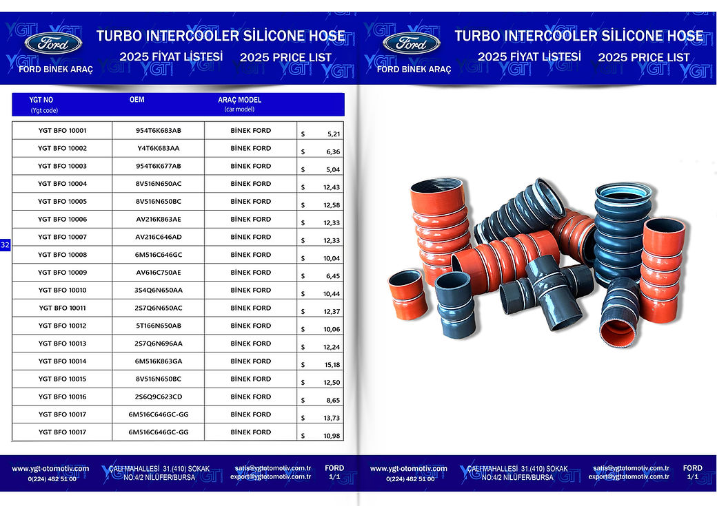 Ygt Otomotiv turbo silikon hortum katoloğu
