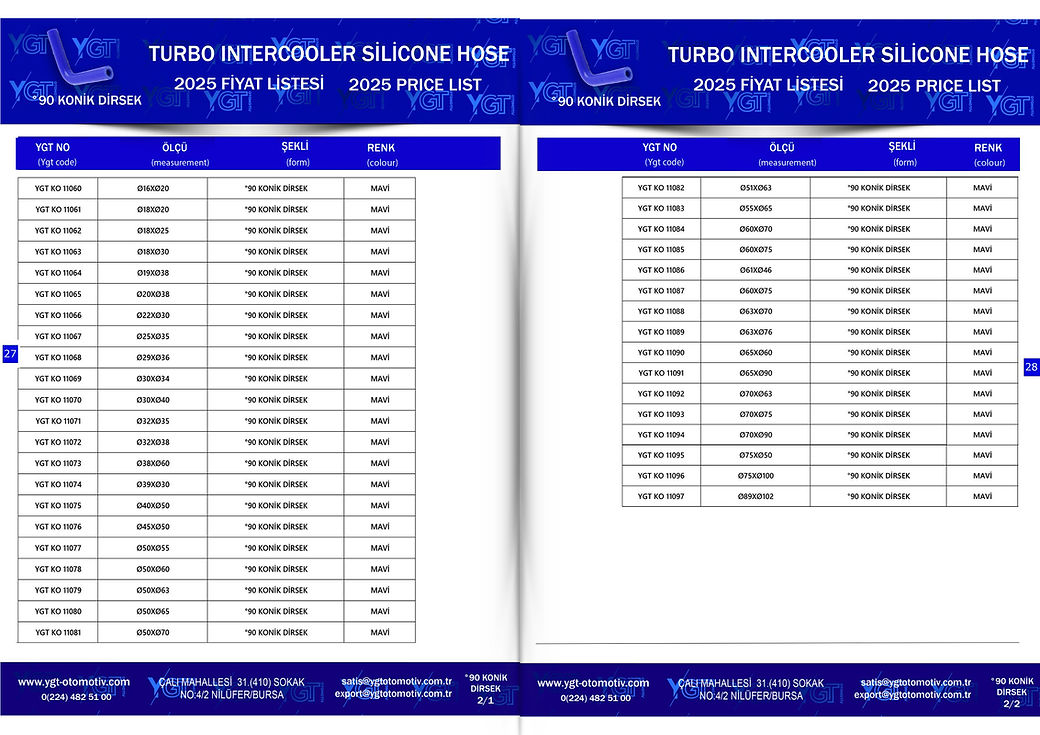 Ygt Otomotiv turbo silikon hortum katoloğu