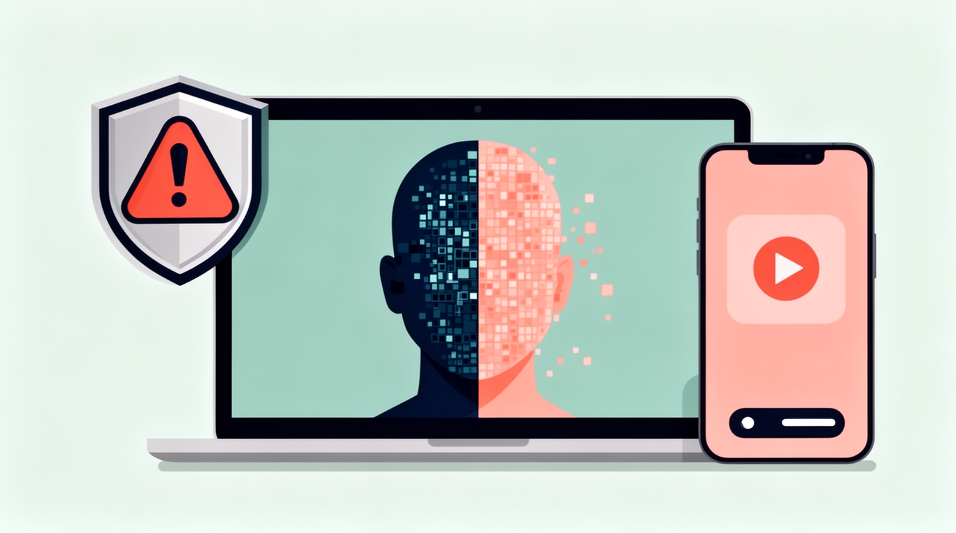 Illusztráció: videóhívás, ahol egy arc fele pixeles digitális maszk, mellette figyelmeztető pajzs