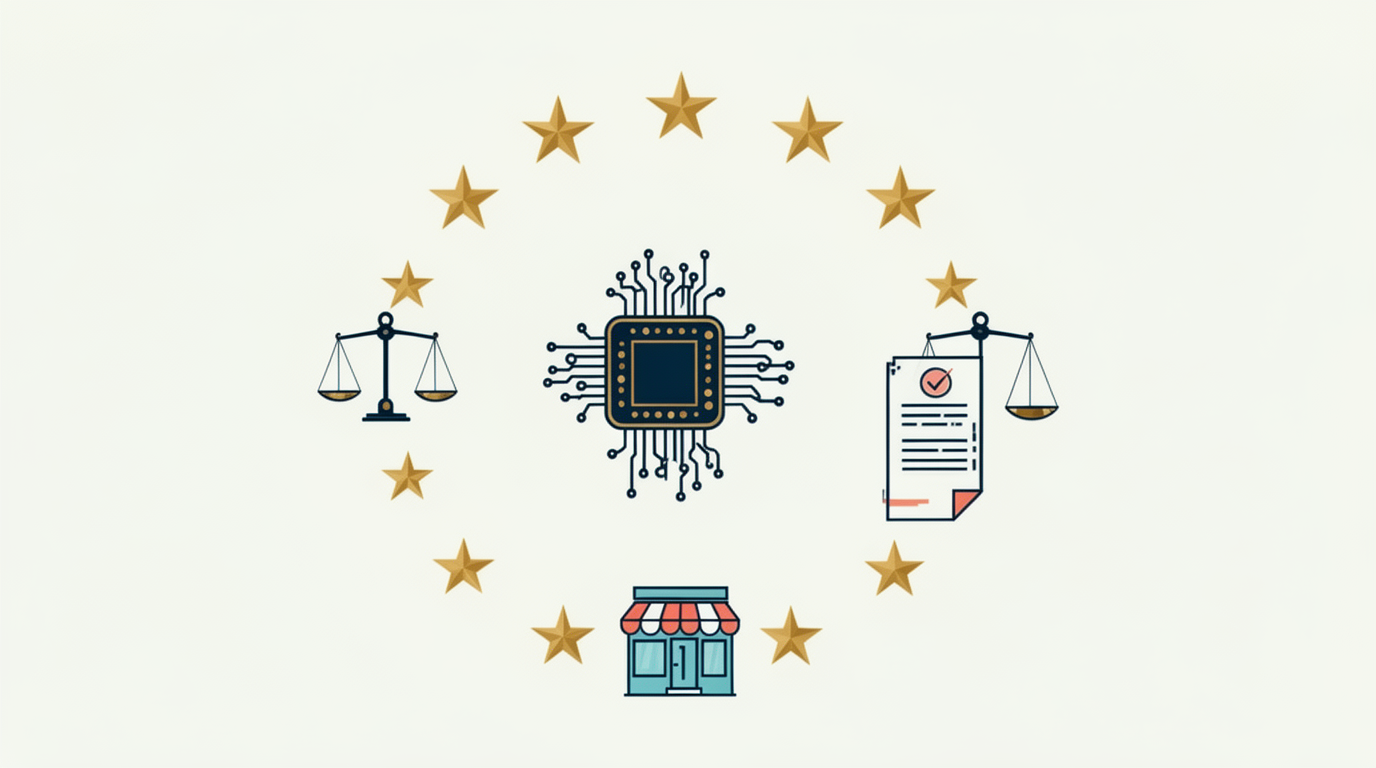 Illusztráció: az EU csillagkoszorúja egy AI-chip, egy mérleg és egy kis üzlet körül
