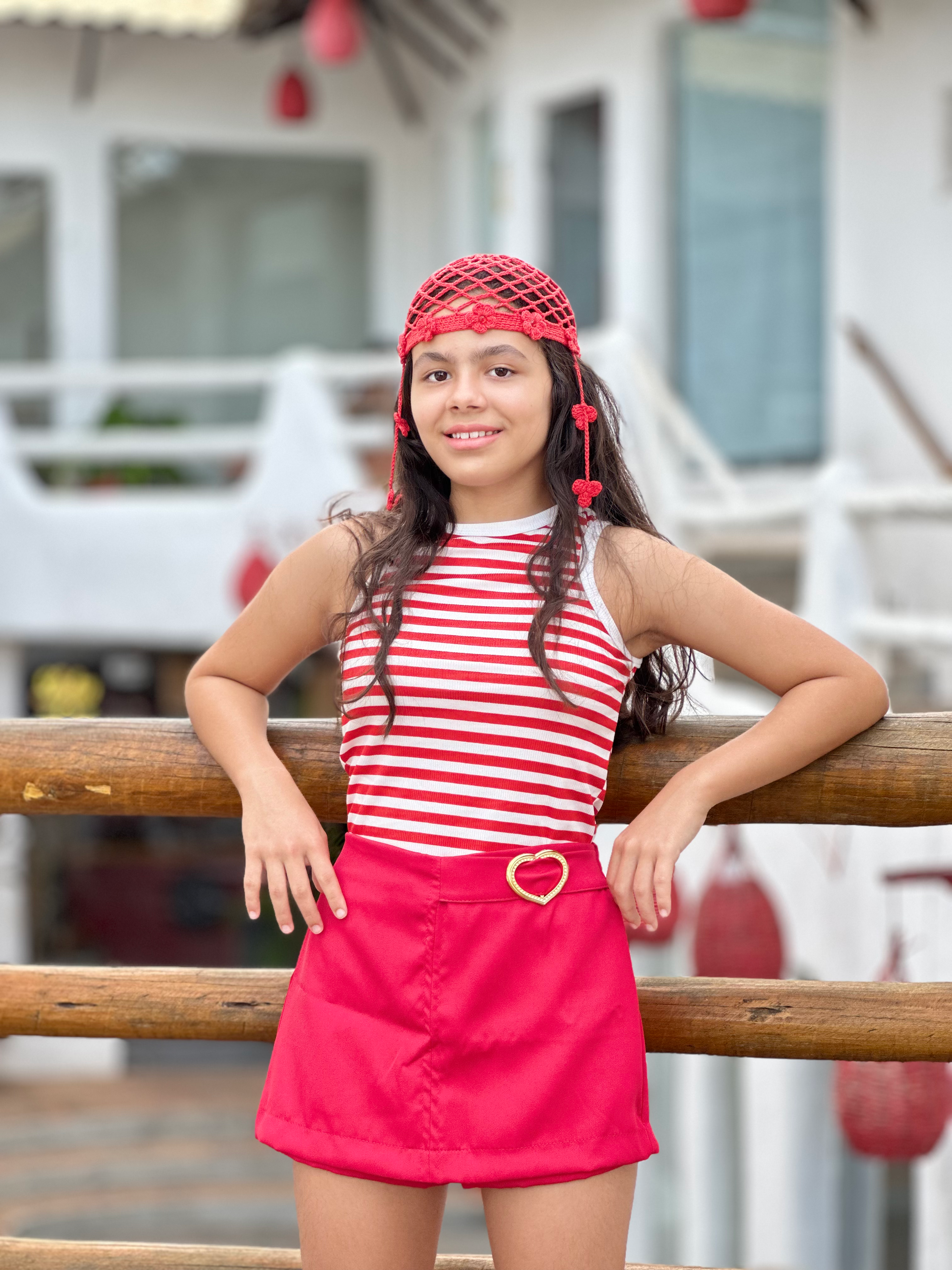 Conjunto shorte e saia listra