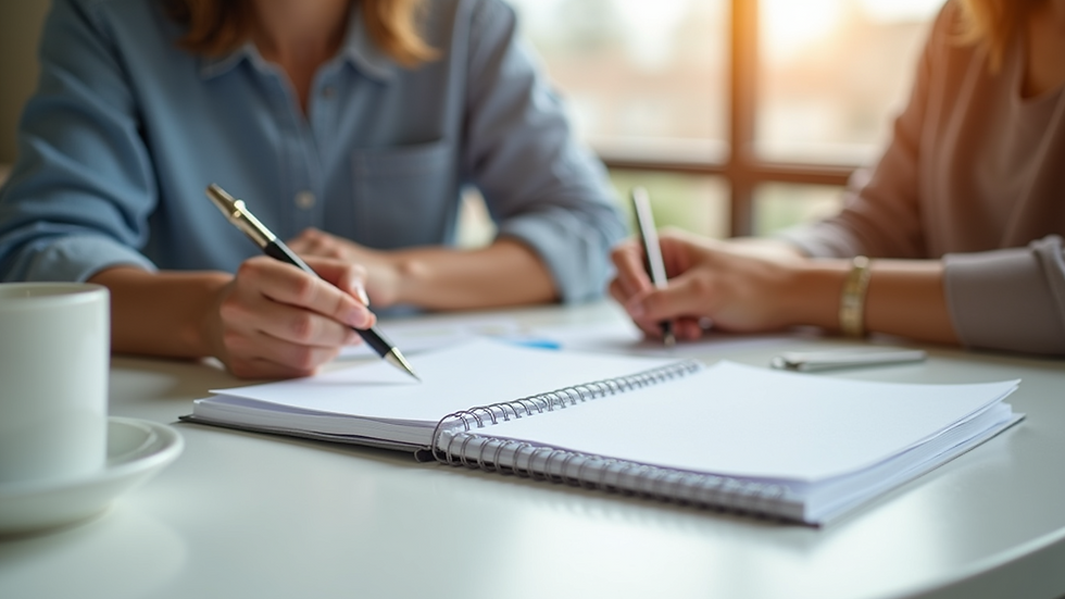 Close-up view of a notebook and pen on a table during a counselling session