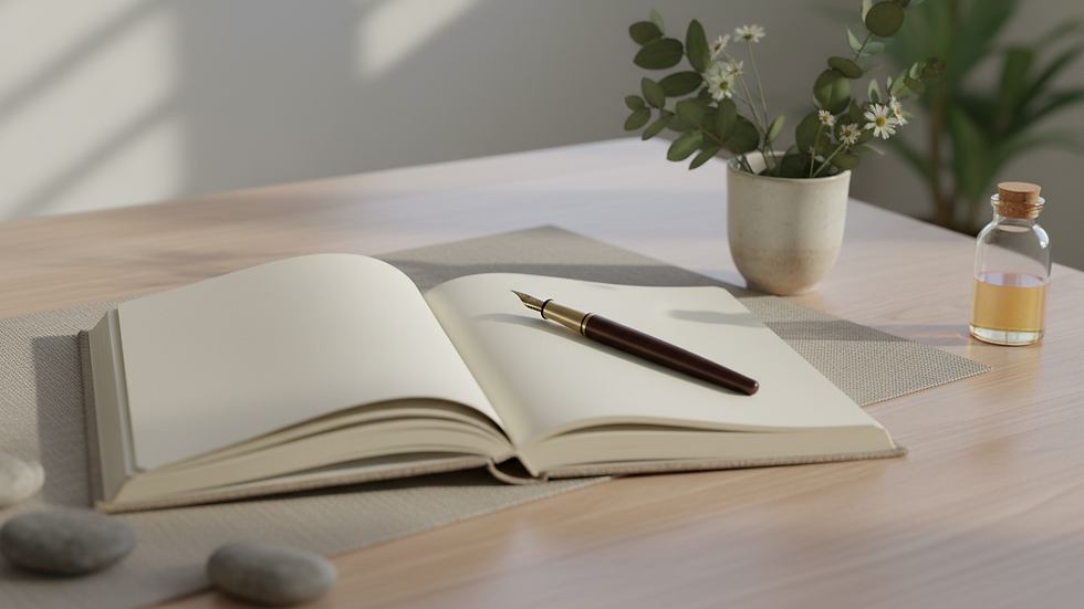 Close-up view of a journal and pen on a wooden table