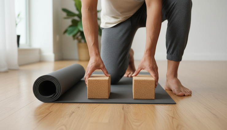 Close-up view of a man placing yoga blocks beside his mat before practice.