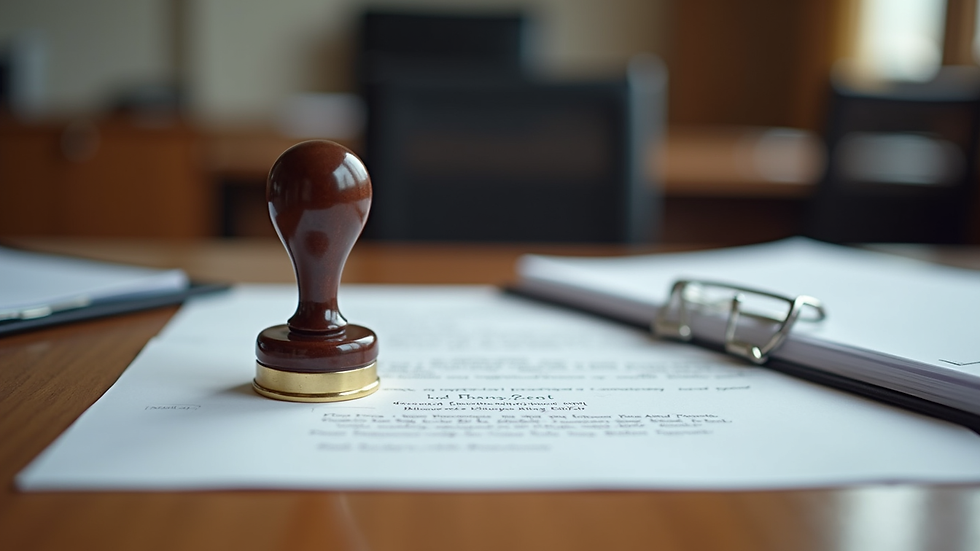 Eye-level view of a notary public desk with a stamp and documents