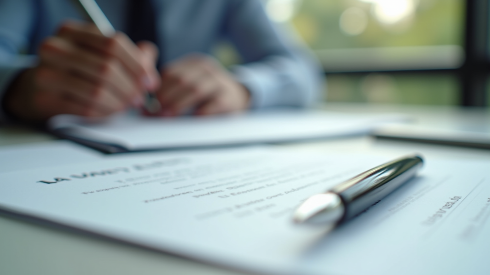 Close-up view of legal documents and a pen on a desk