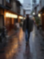 Black Western traveler walking through a lantern-lit Tokyo street after rain