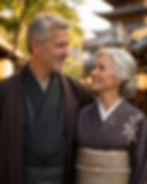 Mature Western couple wearing kimono in a quiet Japanese garden