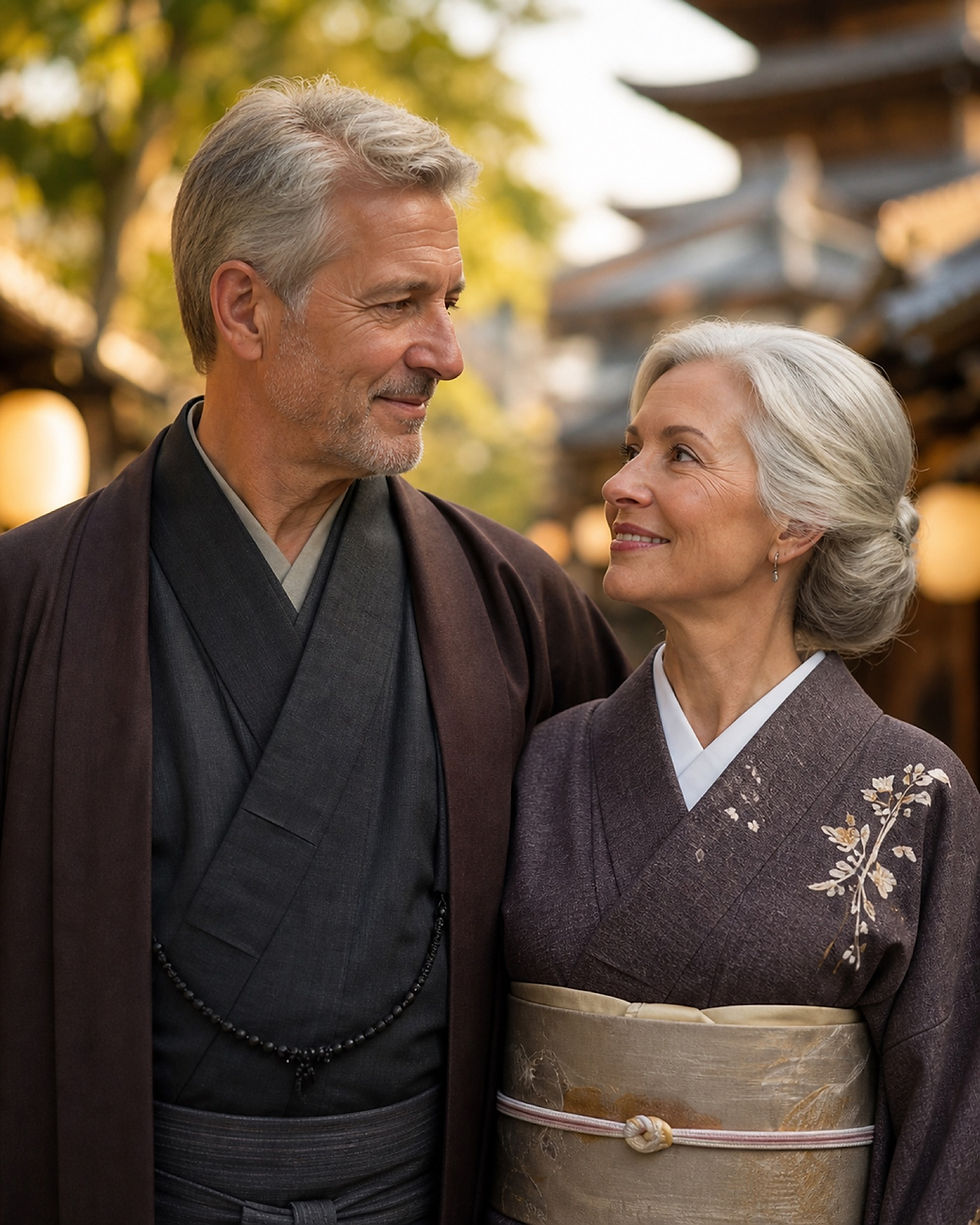 Mature Western couple wearing kimono in a Japanese garden