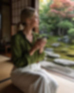 AI-generated concept: a woman in a green blouse holding a cup beside an open room overlooking a Japanese garden.