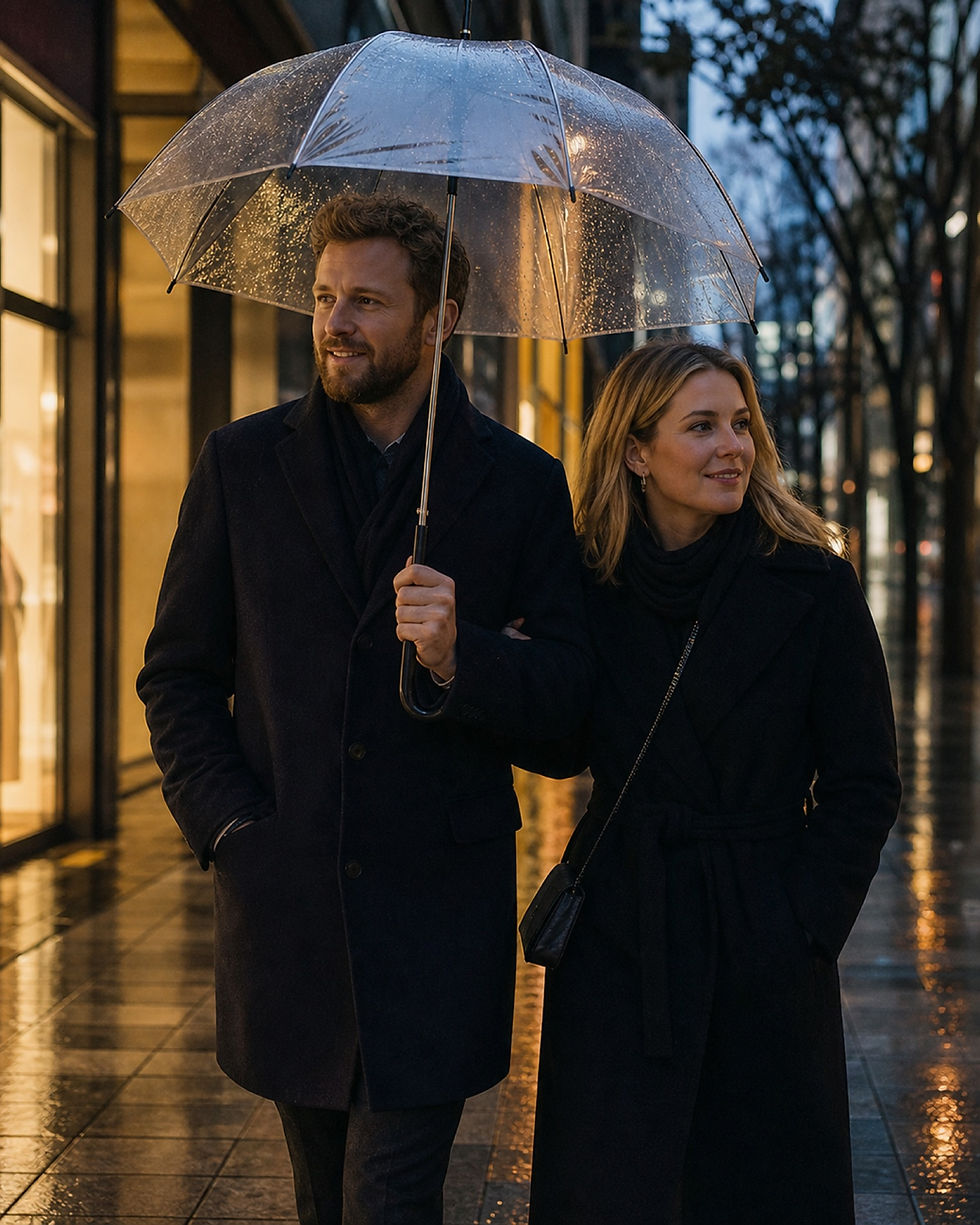 International couple walking through Tokyo at night in the rain