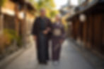 AI-generated concept: a mature couple wearing kimono on a street lined with traditional wooden buildings.