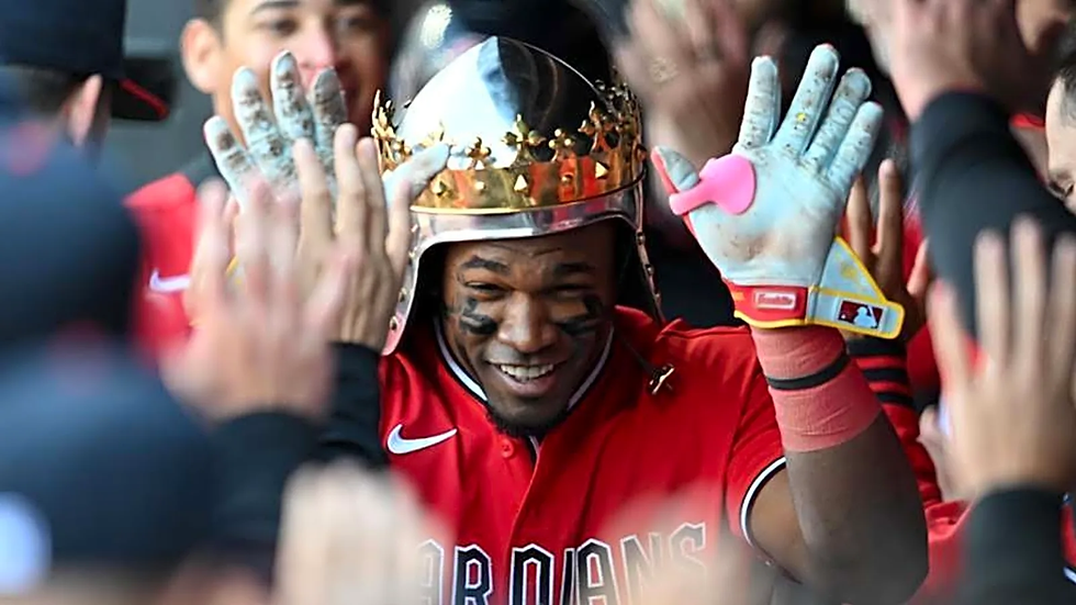 Cleveland Guardians' left fielder Angel Martinez celebrating after hitting a grand slam. Courtesy of yardbarker.com