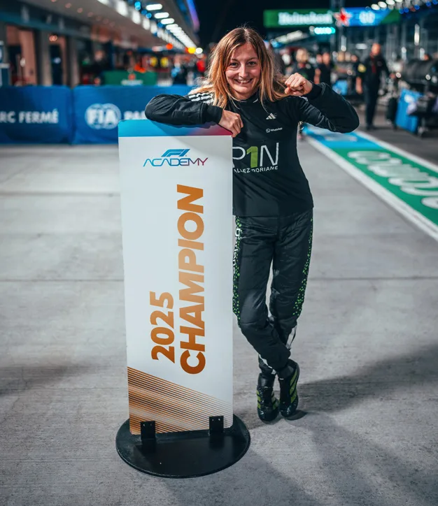 Pin after being crowned champion of the 2025 F1 Academy season. Courtesy of mercedesamgf1.com