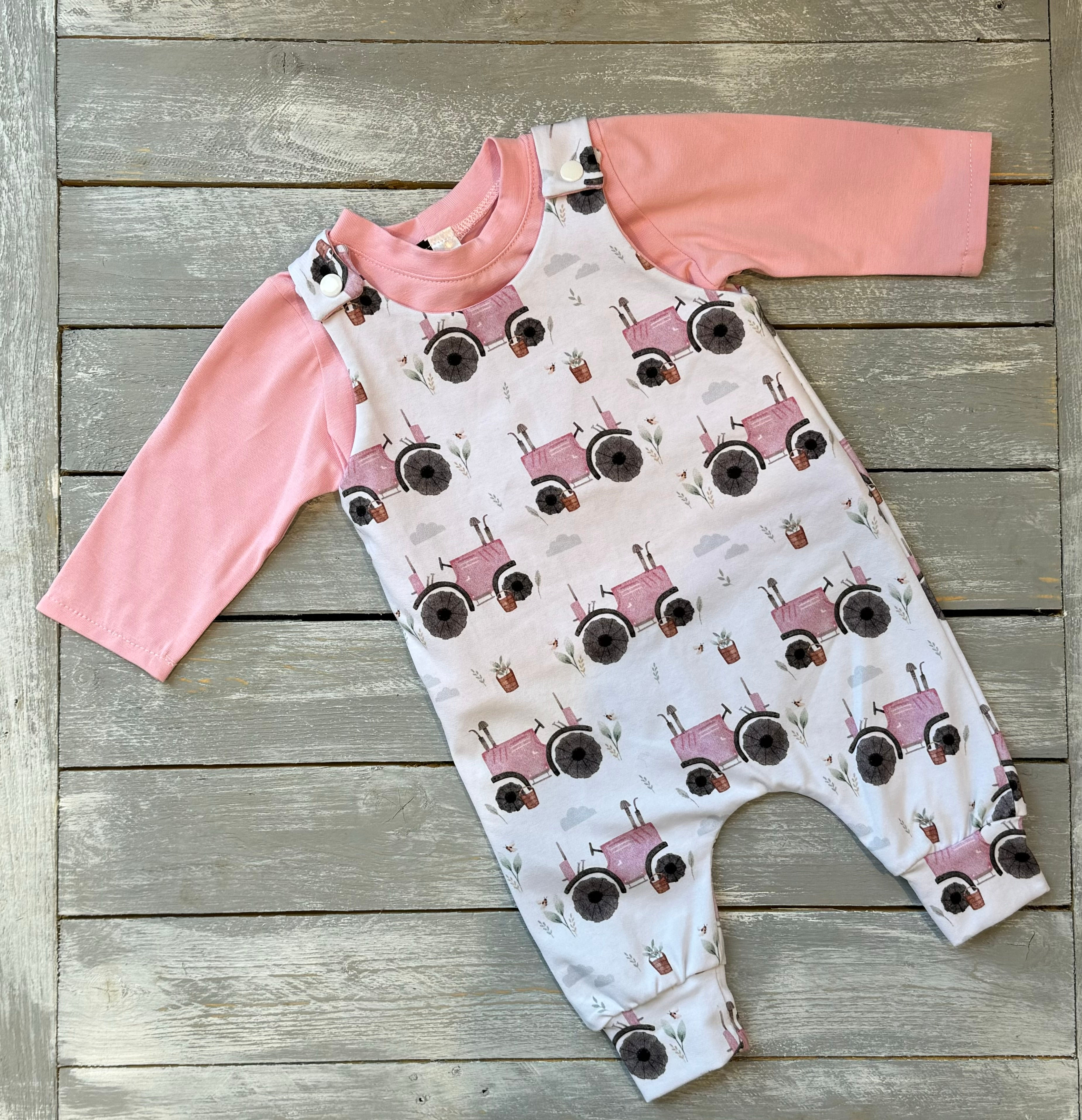 Pink Tractor Romper with t-shirt