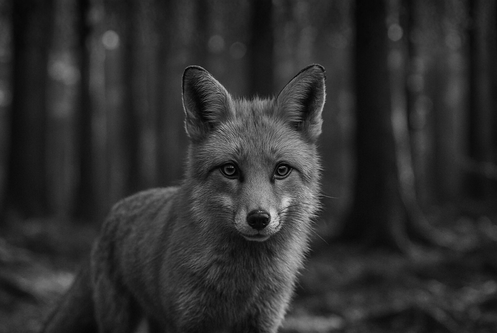 Black and white photo of a fox looking directly at the camera in a dark, moody forest setting. Wildlife.