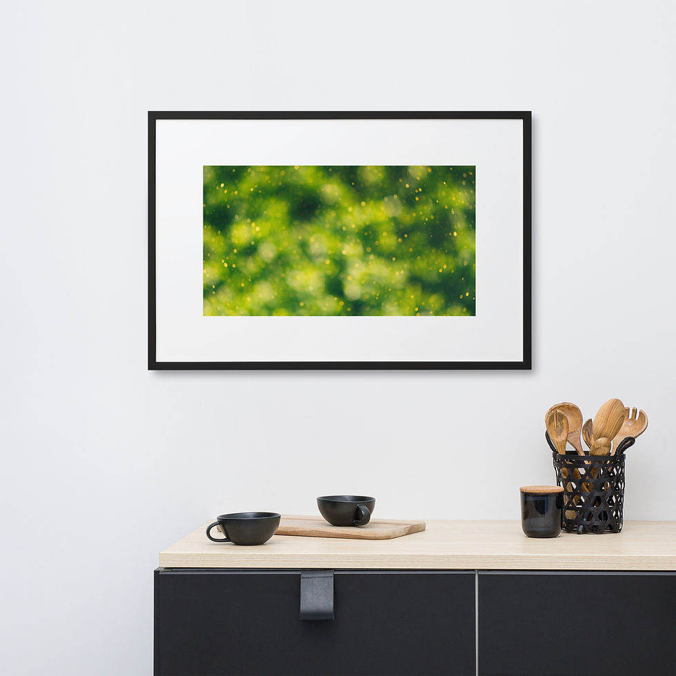 Calm nature wall art featuring a blurred green forest background with tiny specks of golden light.