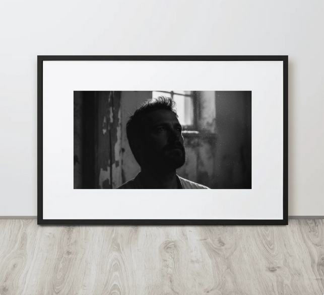 A cinematic monochrome silhouette of a bearded man in a rustic room, looking up towards a sunlit window with dust motes.