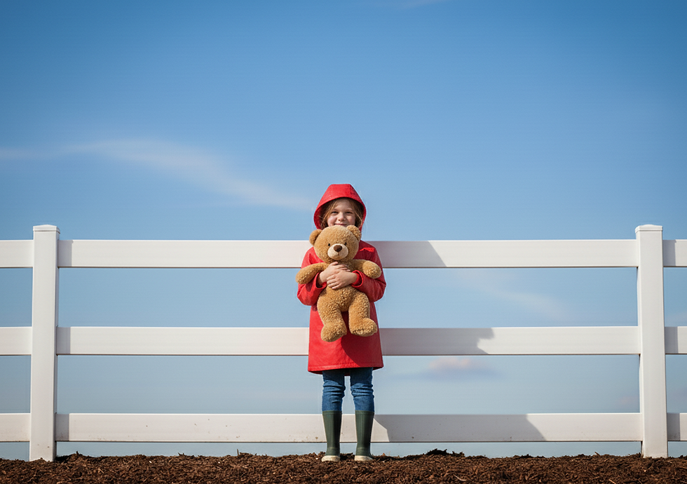 Girl in red jacket smiling over white fence, wearing a small brown teddy bear backpack. Clear blue sky background.